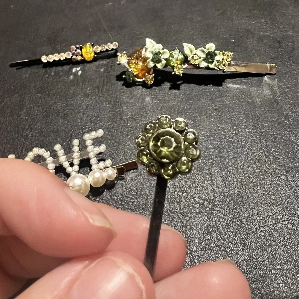 Lovely Vtg Rhinestone Pearl Hair Barrettes Clips LOT of 5 Flower Green Love